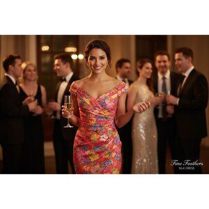 Silk Floral Off-Shoulder Cocktail Dress Bright Multi-Color Draped Waist